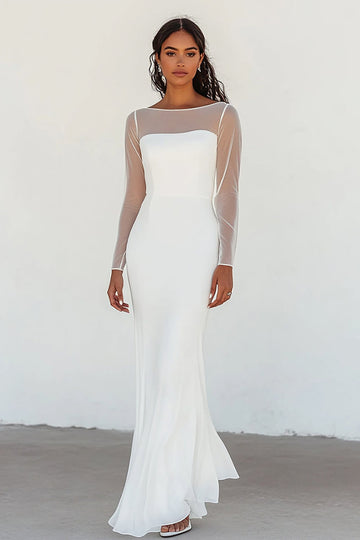 Robe de graduation en mousseline de soie blanche à col bateau avec manches 3/4